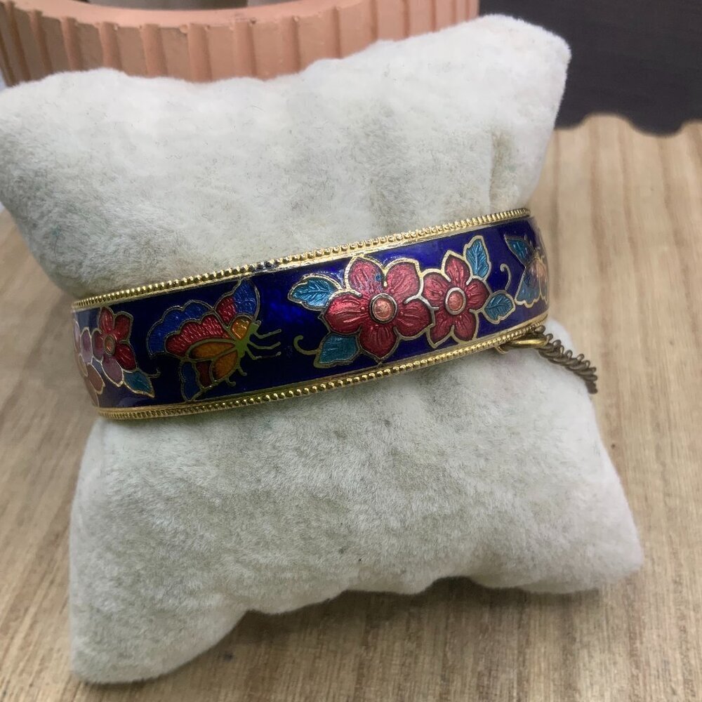 Cloisonne Vintage Blue Green Gold Tone Flower Butterfly Bangle Bracelet